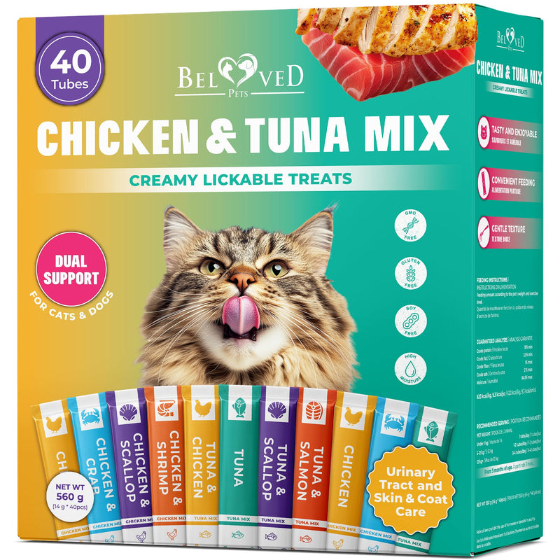 Creamy Lickable Cat Treats & Wet Food Squeeze Tubes – Liquid Kitten Snacks, Urinary Tract Care, Skin & Coat Health, Multivitamin Treats for Cats, & Small Dogs, Lick Up 40 Sticks Tuna + Chicken Mix