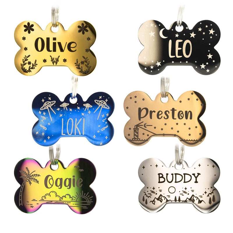 Personalized Dog Tag with 5 Lines of Custom Deep Engraved Durable Stainless Steel Pet ID Name Tag Designer Regular Size Bone