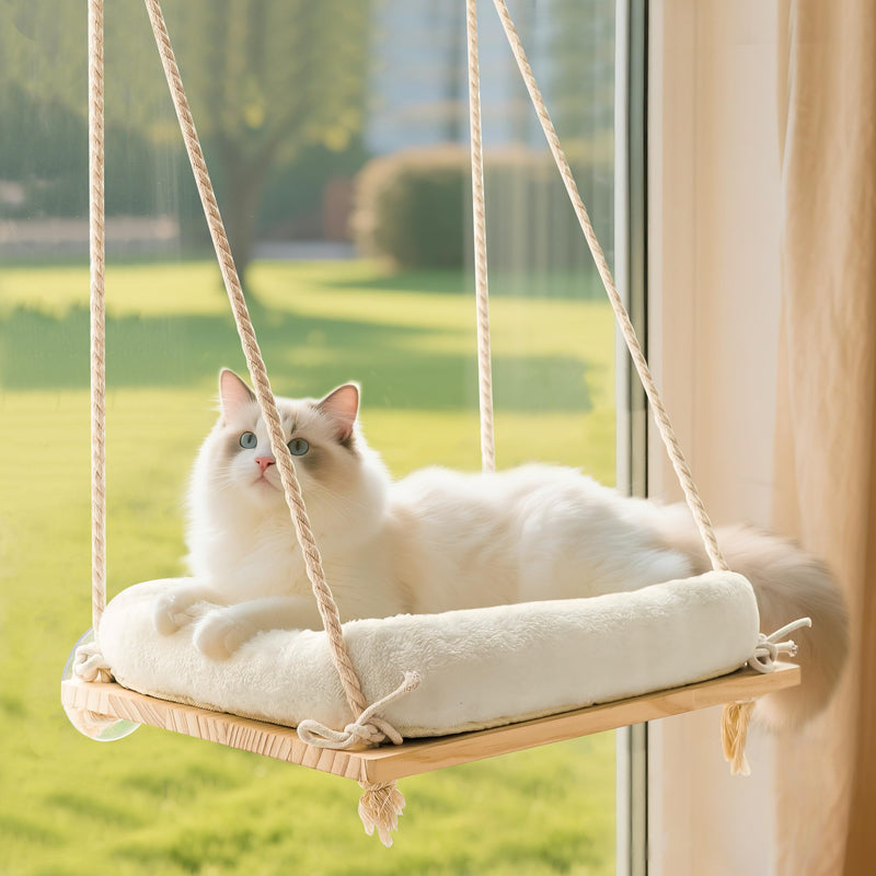 Anywish Cat Window Perch, Window Hammock for Cats with Solid Wood Seat 4 Heavy Duty Suction Cups, Plush Cushion, Indoor Cat Bed