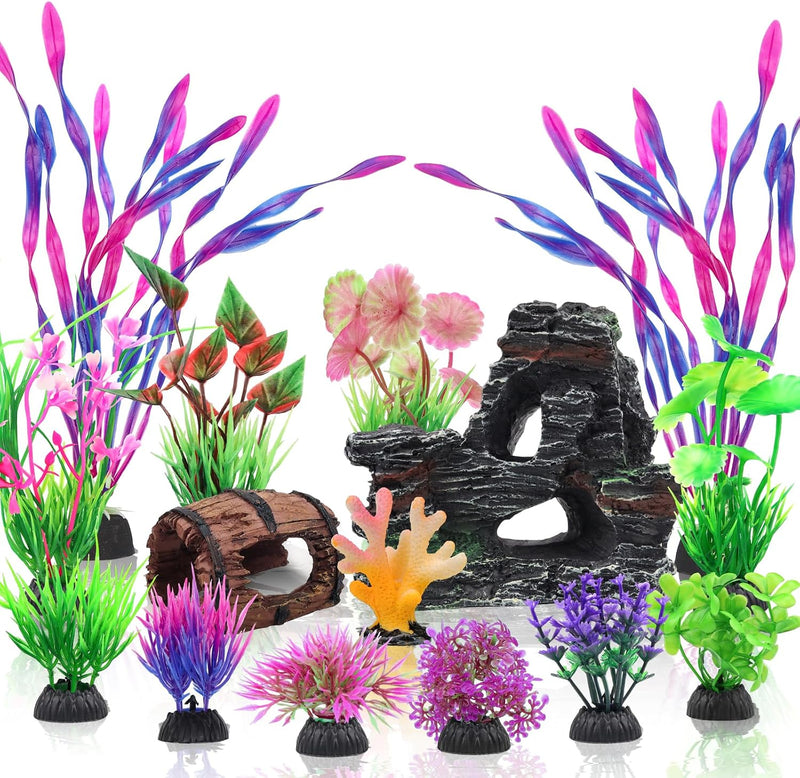 QUOZUO 15 Pcs Aquarium Artificial Plastic Plants Decorations and Resin Barrel and Coral Rock Cave Set, Fish Tank Accesso