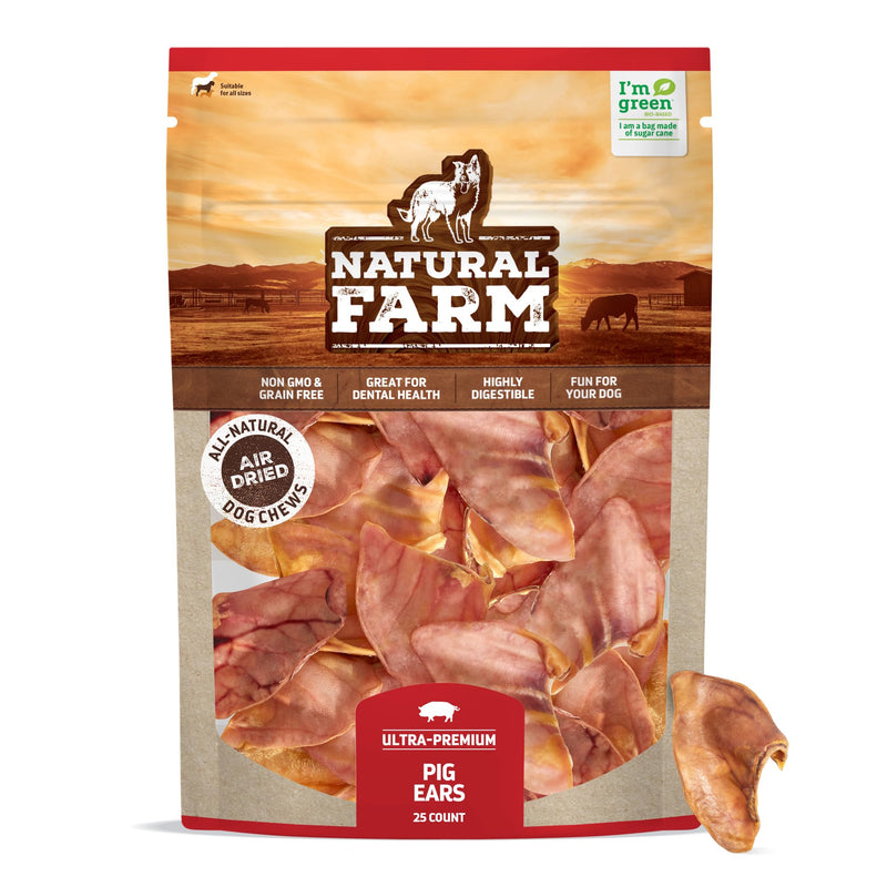 Natural Farm Pig Ears for Dogs (25 Pack), All-Natural WholeThick Pigs Ears, Single Ingredient & Highly Digestible, Better Than Rawhide- Dog Snacks, Dog Pig Ears for Puppy, Medium & Large Dogs