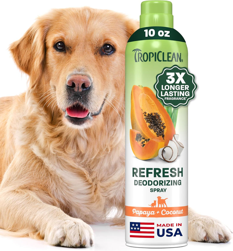 TropiClean Dog Perfume, Papaya Scented Dog Deodorizing Spray, 3X Long-Lasting Scent, After Bath Cologne & Detangling Spray with Vitamin E, 10oz.