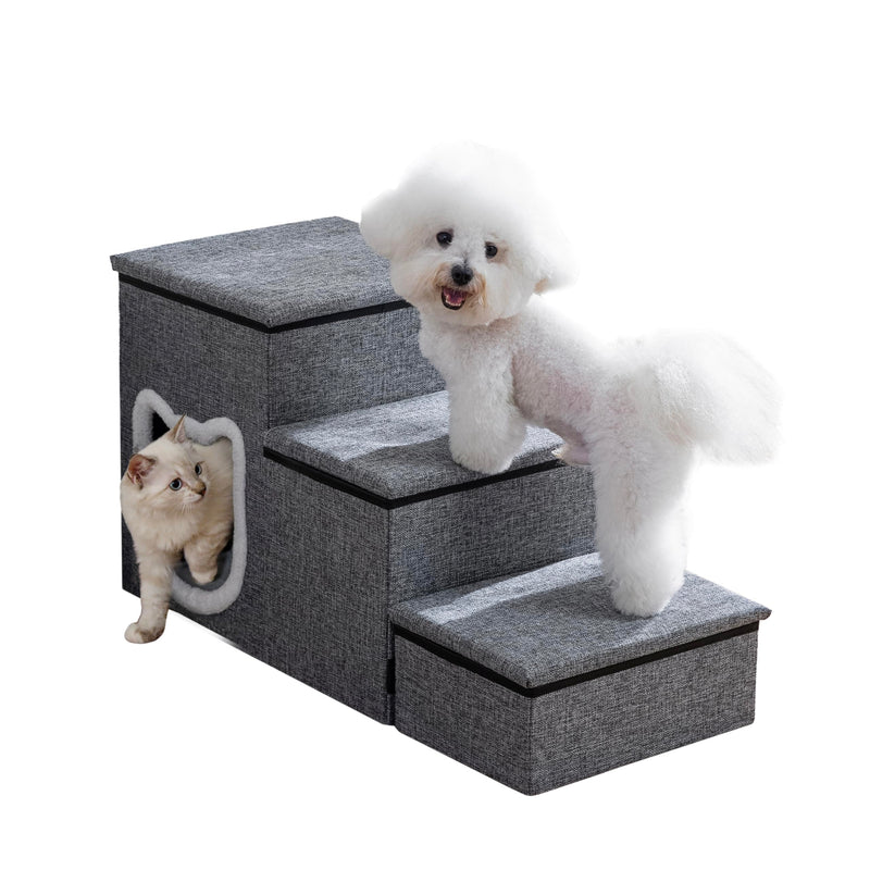 Dog Stairs for Small Dogs, 3-Step Non-Slip Pet Stairs for Cats, Small Dog Steps with Storage and Condo, Indoor Cat Steps for Older Cats, Arthritis-Friendly, Grey
