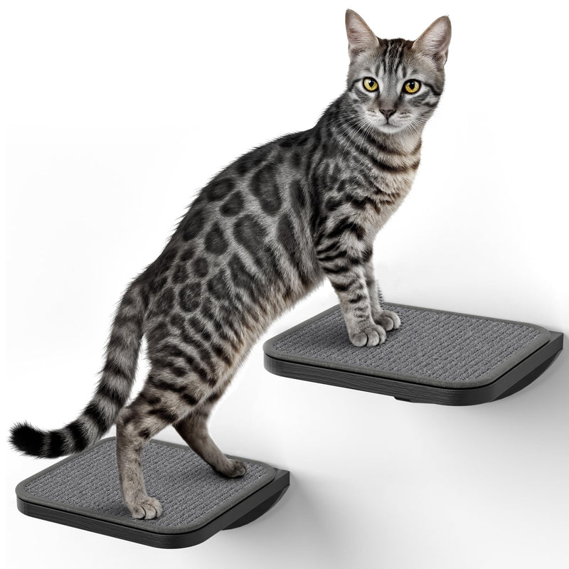 PELUOMOZ Grey Sisal-Padded Cat Wall Steps (2-Pack), Floating Wooden Cat Perch and Climbing Step Set, Wall Mounted Furniture for Jumping & Play