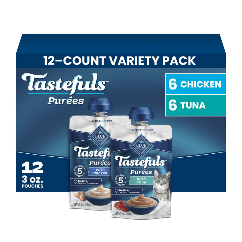 Blue Buffalo Tastefuls Purées Variety Pack Wet Cat Food Complement (Chicken & Tuna) Made with Natural Ingredients, for All Life Stages, 3-oz. Resealable Pouches (12 Count)