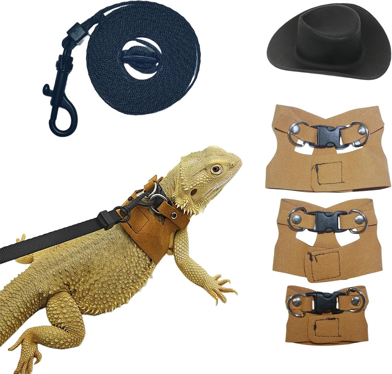 Reptile Pets Leash Harness Set with Jackets and a Hat for Bearded Dragon Lizard, Leopard Gecko and Other Small Animal Pe