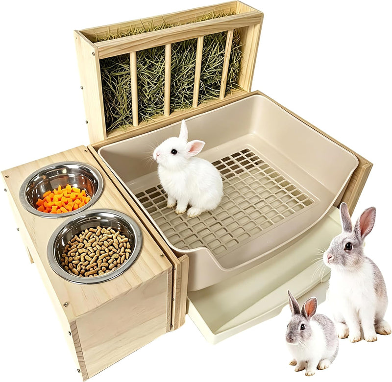 3-in-1 Large Rabbit Hay Feeder with Drawer Litter Box