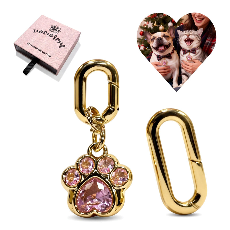 Domsimy Paw Print Crystal Charm for Dog Cat Collar - Sparkling Simulated Diamond Pendant with Double Safety Clasps - Small Pet Jewelry Charm for Puppy Kitten - Also Fits as Purse Charms & Keychain Decor