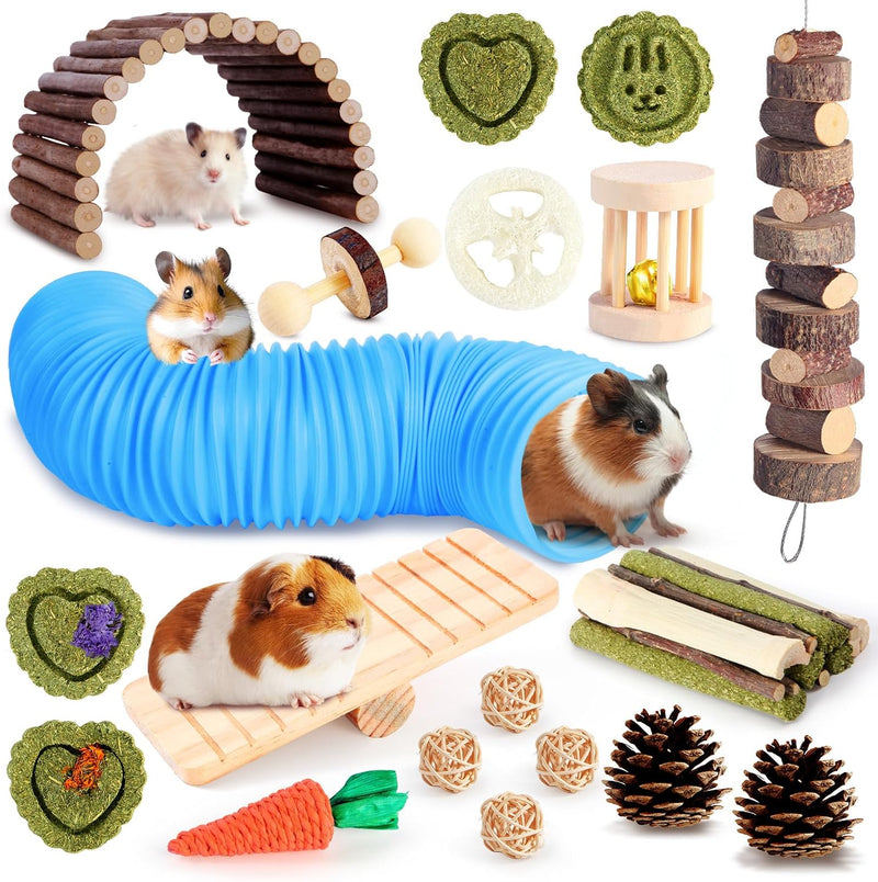 Kyouki Hamster Toys Guinea Pig Toys Set with Tunnel, Chewable Apple Wood & Natural Timothy Hay - Enrichment Chew Toys fo