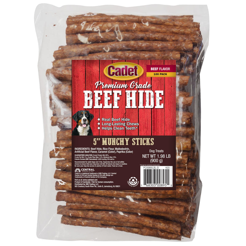 Cadet Premium Grade Beef Hide for Dogs, Long-Lasting Munchy Chew Sticks, Single-Ingredient Rawhide Dog Chews, 5-Inch, 100 Count