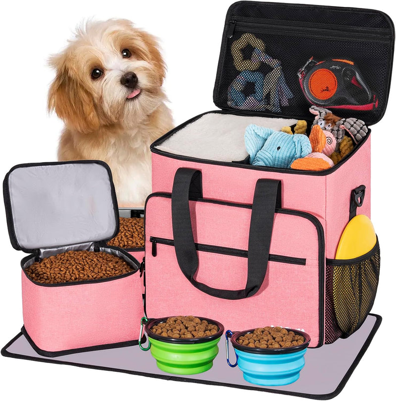 5 Set Dog Travel Bag for Supplies, Dog Lovers, Large Pet Travel Kit Includes 2 Food Containers, 2 Collapsible Bowls, Pin