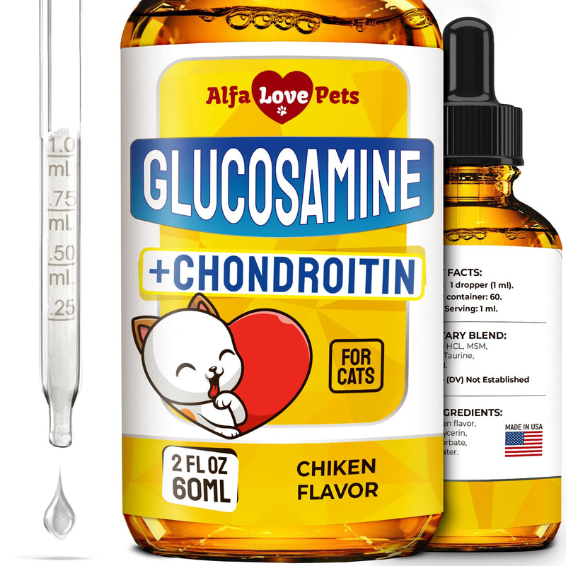 Liquid Glucosamine for Cats with Chondroitin – Taurine for Cats Works for Hips, Ligaments, Muscles, Circulation Maintenance – Cat Supplements with Natural Chicken Flavor 2-oz Bottle