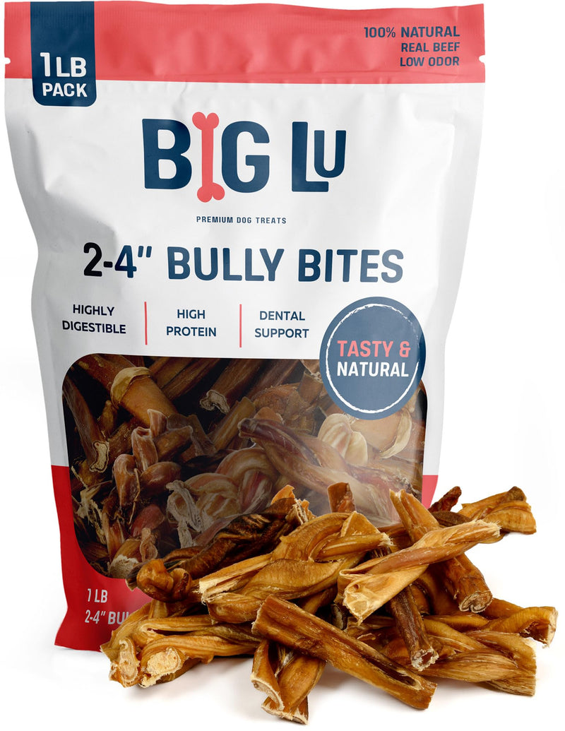 Big Lu - 2-4” Bully and Braided Bites, Variety Bag - 1 lb of 100% Grass-Fed Beef Chews for All Dogs, Natural, Fully Digestible, Long-Lasting Treats