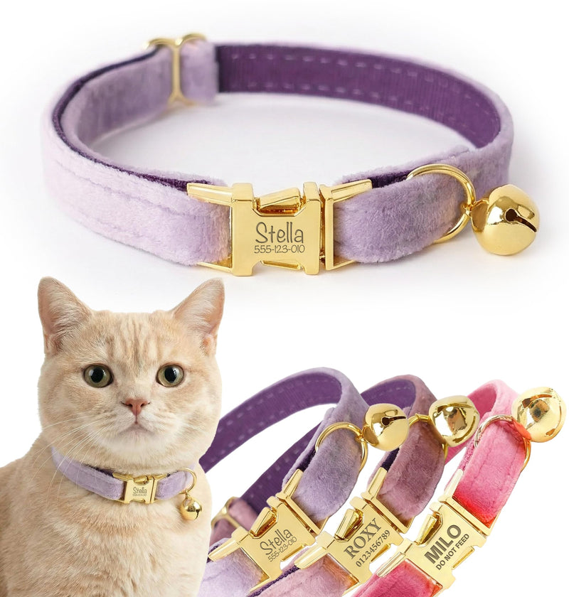 Personalized Velvet Cat Collar with Bell, Custom Engraved Name and Phone Number, Adjustable Luxury Kitten Collar, Non-Breakaway Secure ID Collar for Cats and Kittens