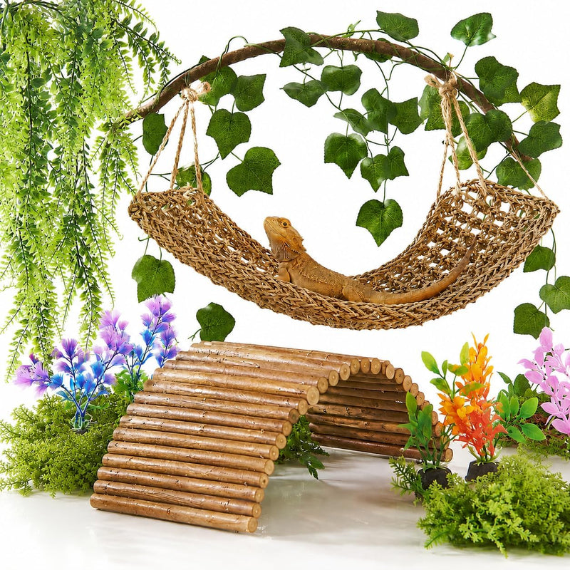 Bearded Dragon Tank Accessories, Reptile Mat Hammock Plants Bridge Jungle Climber Vines for Leopard Gecko Hermit Crab Li