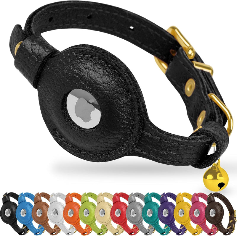 OOPSDOGGY Leather AirTag Cat Collar with Bell - Non Breakaway Kitten Collar with Apple Air Tag Holder - Lightweight GPS