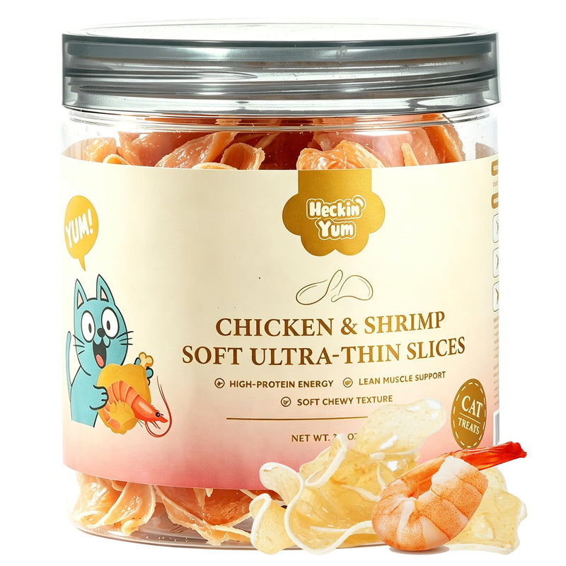 Heckin Yum Soft Cat Treats, Chicken & Shrimp Ultra-Thin Slices, Easy-Chew Snacks for Picky Cats, Kittens & Seniors, Low-Fat Treats with Taurine, 3.2 oz
