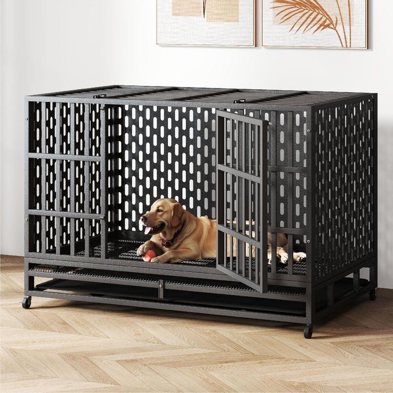 HIWOKK 48 Inch Heavy Duty Indestructible Dog Crate Steel Escape Proof, Indoor Double Door High Anxiety Cage, Kennel with Wheels, Removable Tray, Extra Large XL XXL