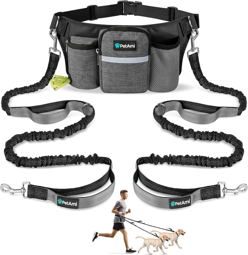 PetAmi Premium Hands Free Dog Leash for 2 Dogs, Adjustable Waist Belt Leash for Dog Walking, Fanny Pack Accessories Bag