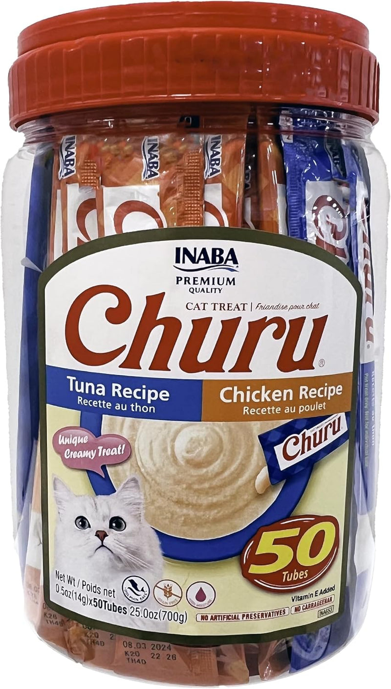 INABA Churu Lickable Grain-Free Purée Cat Treats, 25 Tuna & 25 Chicken