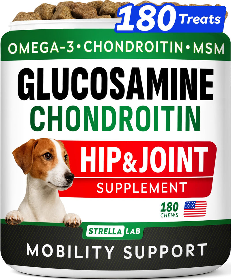 Glucosamine for Dogs w/Chondroitin - Hip & Joint Supplement for Dogs w/Omega-3 Fish Oil - Chondroitin MSM - Advanced Mobility Chews - Joint Pain Relief - Hip & Joint Care - Made in USA (180Ct)