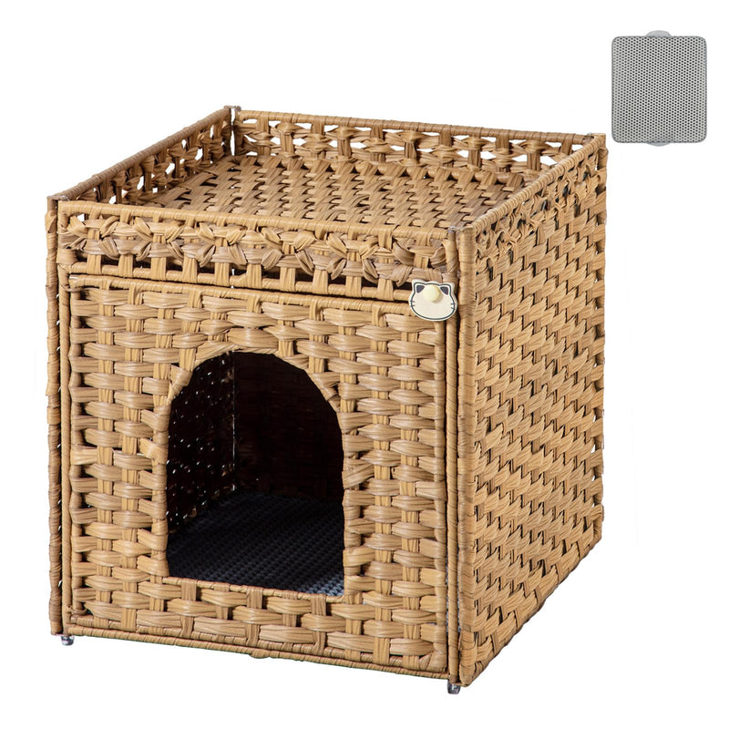 SETVSON Cat Litter Box Enclosure Furniture, Hidden Litter Box with Mat and Fence, Handwoven Rattan Cat House with Two S-Shaped Hooks for Living Room, Bedroom, 18.5 x 20.5 x 19.1 Inches (Natural)