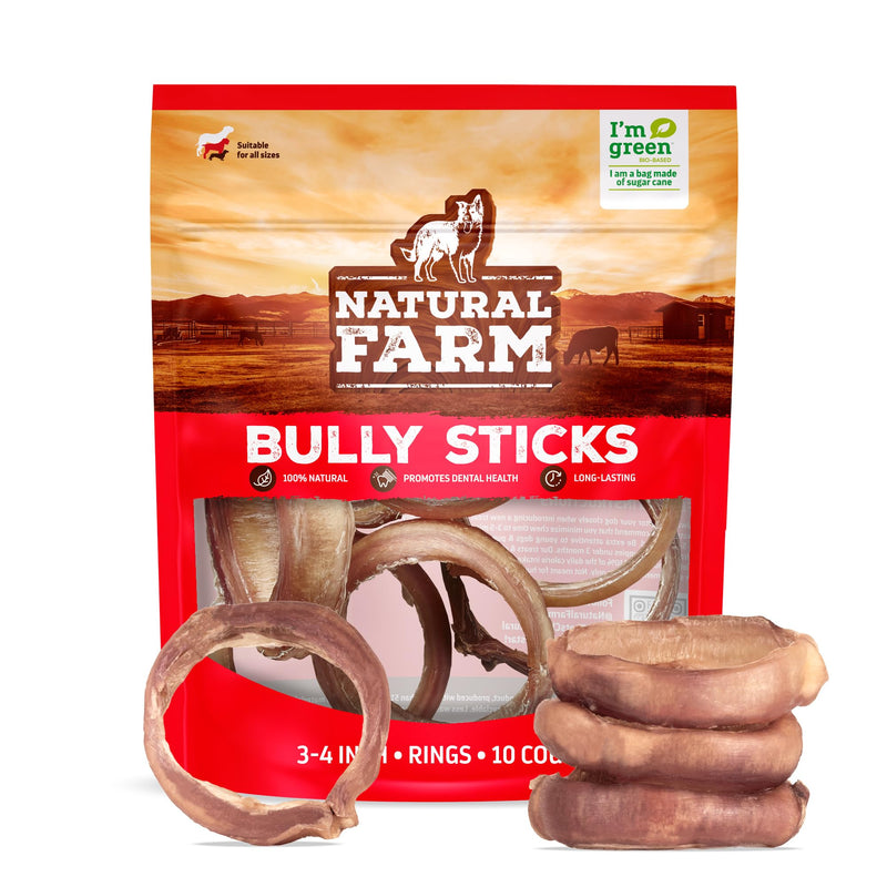 Natural Farm Odor Free Bully Sticks Ring Shaped (3-4 Inch, 10 Pack) - 100% Beef Chews for More Engagement & Fun, Grass-Fed, Non-GMO, Fully Digestible - Best for Small & Medium Chewers