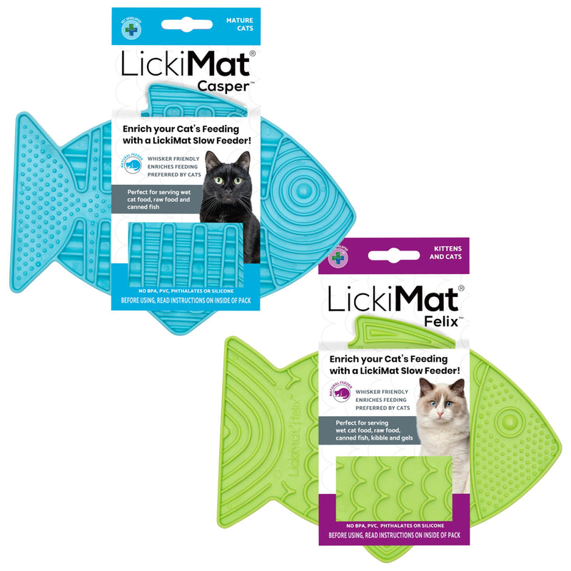Lickimat Casper & Felix, Fish-Shaped Cat Slow Feeders Lick Mat, Boredom Anxiety Reducer; Perfect for Food, Treats and Anxiety Reduction. (Turquoise & Green)