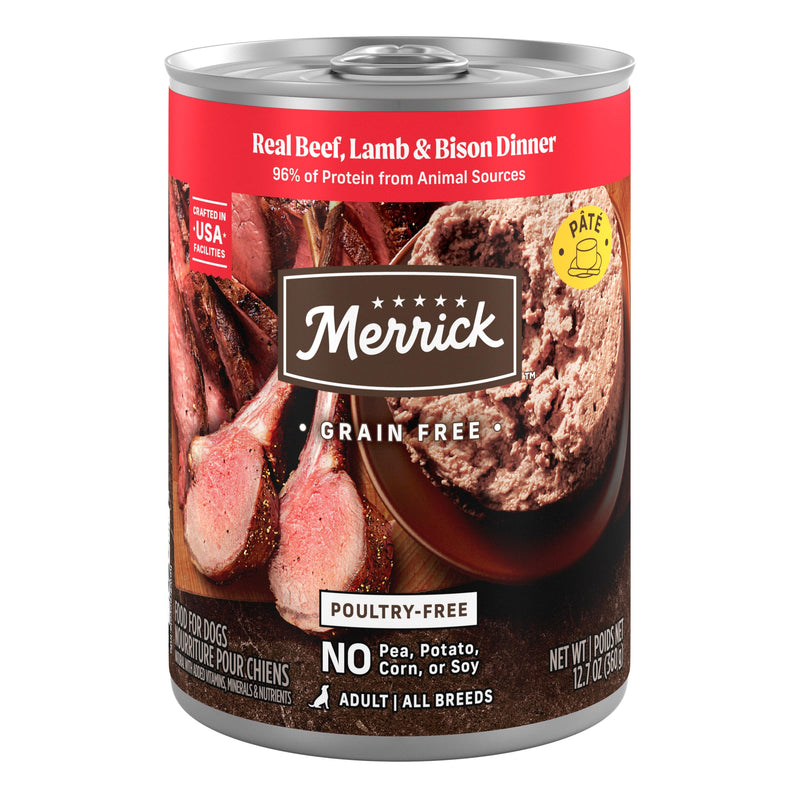 Merrick Grain Free Premium And Natural Canned Dog Food, Soft And Healthy Poultry Free Wet Recipe, Real Beef Lamb And Bison - (Pack of 12) 12.7 oz. Cans