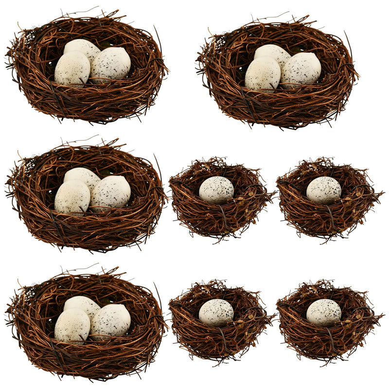 TILZIKA Bird Nest Decor for Crafts, 24-Piece Set with 8 Rattan Nests (2.36/3.15 in Dia) and 16 Faux Eggs (About 1.18 in L), Brown Tan for Wreaths Centerpieces Shelves