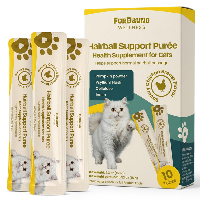 FurBound Wellness Hairball Support Puree for Cats - Fiber Health Supplement with Pumpkin Powder, Psyllium Husk, Cellulose, Inulin for Furball Relief - Savory Chicken Breast Flavor - 10 Tubes