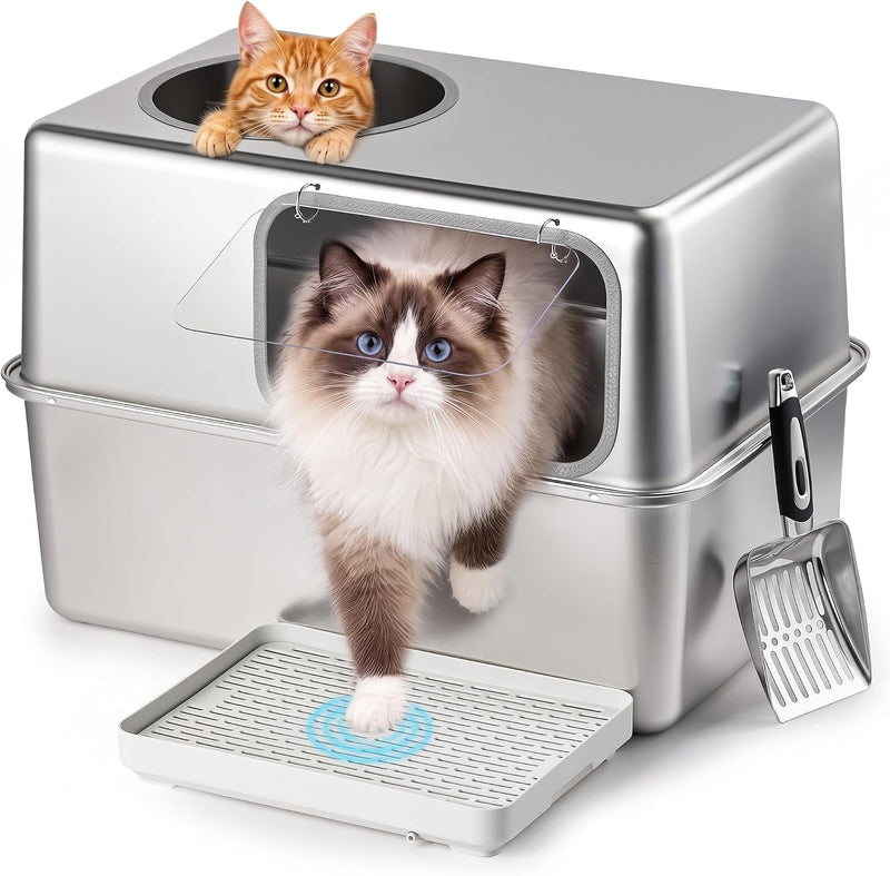 Stainless Steel Litter Box with Lid, Side Entry, 23.1x14.7x15.3 in