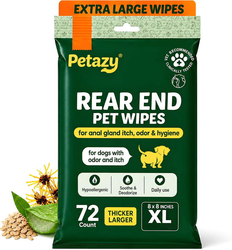 Petazy XL Pet Butt Wipes for Dogs & Cats, Anal Gland Deodorizing, 72 Count