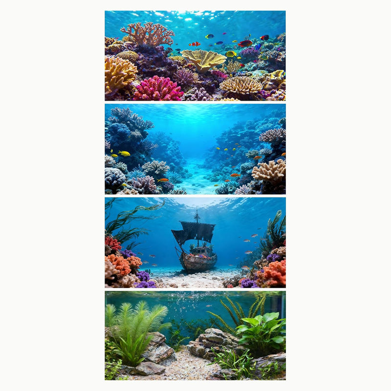 4 Pack Aquarium Background, 24x12 Inch Polyester Cloth Decor for Fish Tank, Set of Undersea Coral Rock & Plant Décor Bac