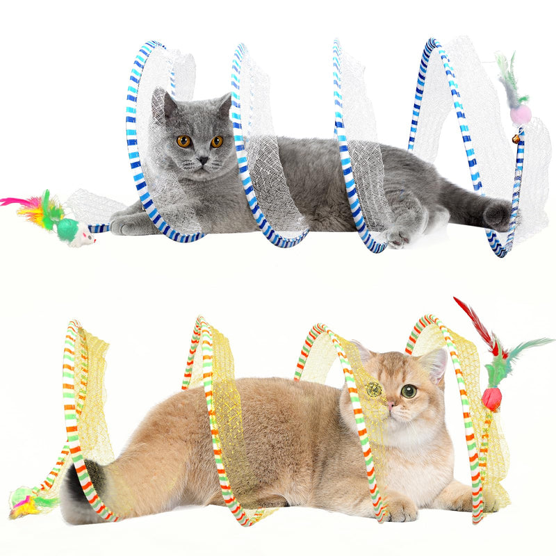 TEASIK 2-Pack Large Cat Tunnel Beds - Indoor & Outdoor,Kitten Collapsible Spring Tunnel Toy with Feather and Bell,Interactive Spring Toys for Cats & Kittens(Yellow and Blue)