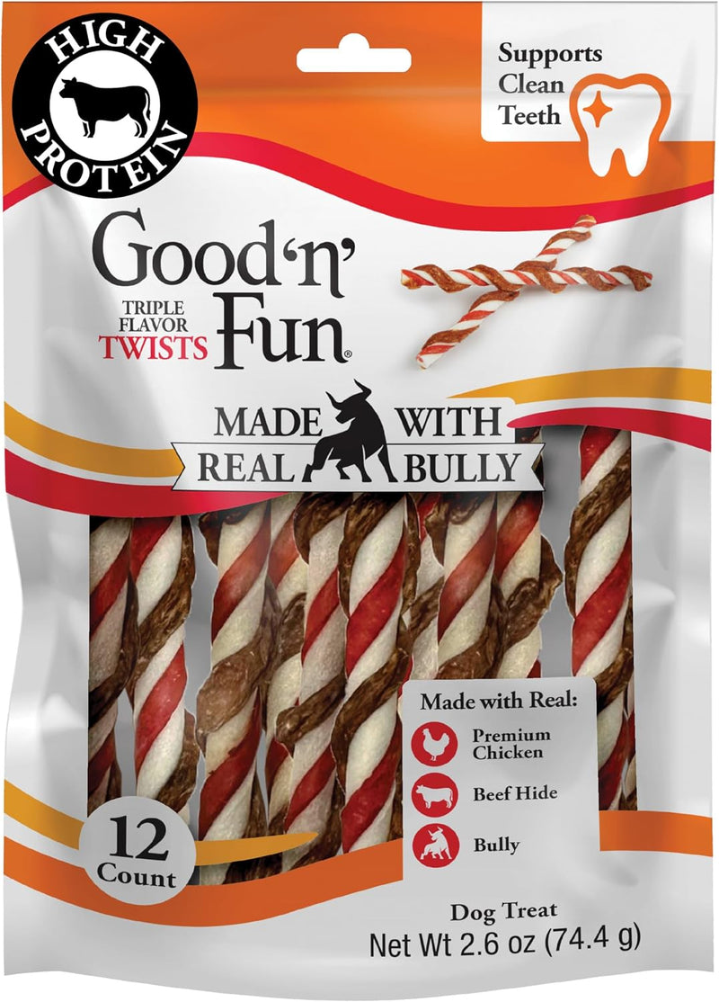 GOOD 'N' FUN Twists Long-Lasting Dog Treat with Real Bully, 12 Count