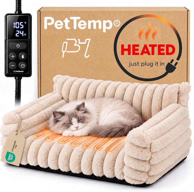 Indoor Heated Cat Sofa, Heated Dog Bed for Small Dogs,Plush Bolster Sleeper