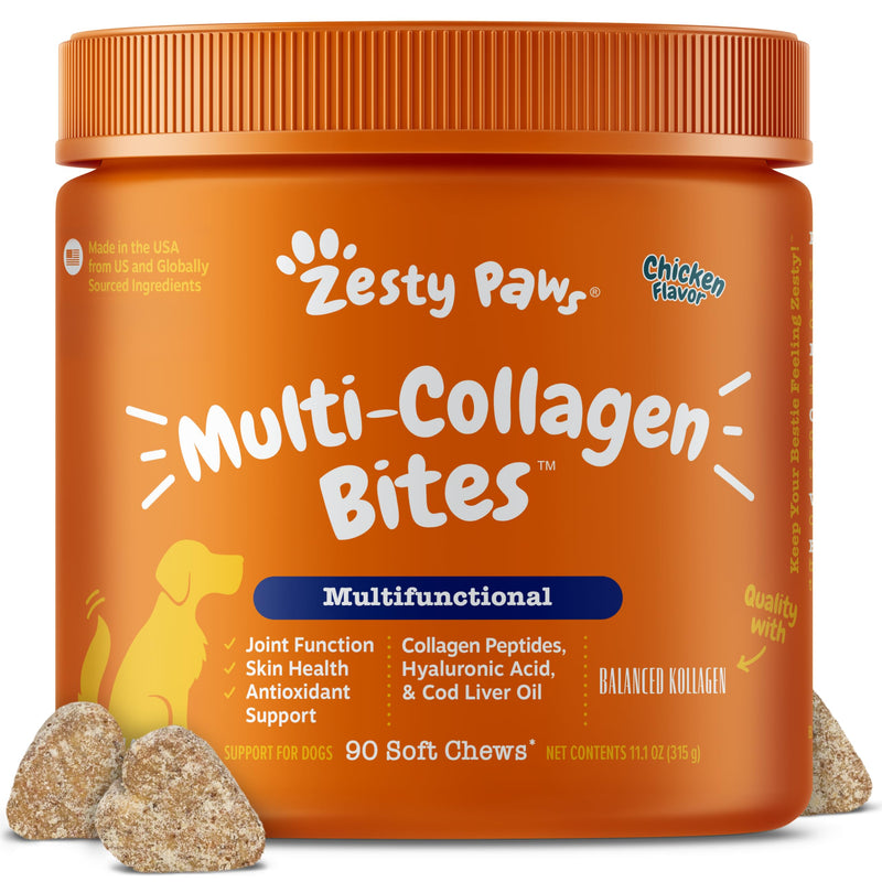 Zesty Paws Multi Collagen Soft Chews for Dogs - for Hip, Joint & Cartilage Support + Skin Health - with Collagen - Plus Eggshell Membrane, Vitamin C & Hyaluronic Acid - 90 Count