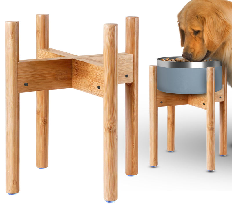 Dog Bowl Stand for Large Breed - Raise, Elevate Bowls to 14-inch High - Adjustable, Fits Any Single Pet Food/Water Feeders and Fountains - Durable Bamboo