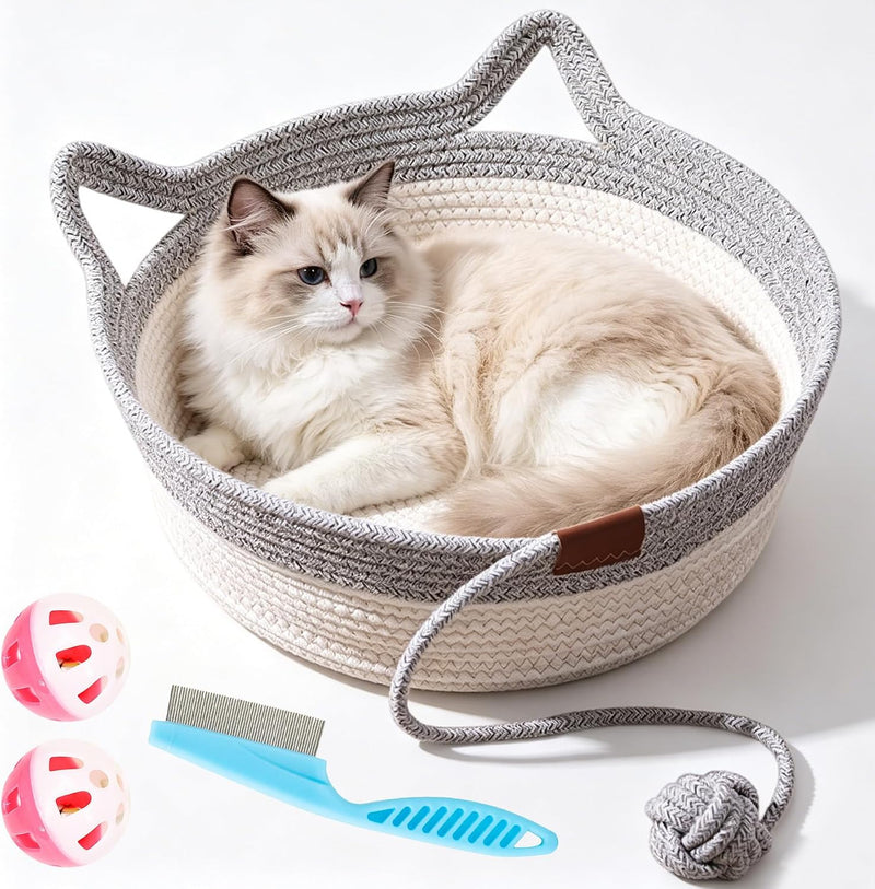 Instinct Basket for Cats, 35/40/46cm Stimuli Handwoven Cat Basket Bed with Cat Ear Handles, Cotton Rope Cat Basket Bed B