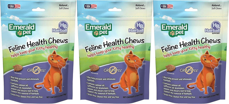Emerald Pet 3 Pack of Hairball Feline Health Chews, 2.5 Ounces Each, Grain-Free, Made in The USA