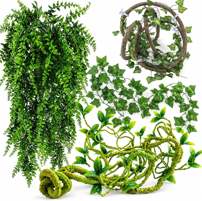 HERCOCCI Reptile Vines, Flexible Jungle Climbing Vines Terrarium Plastic Plants and Leaves Tank Accessories Decor for Ge