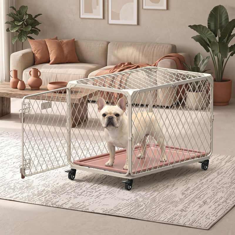 Aurapaws 30 Inch Small Dog Crate with Lockable Wheel, Diamond Mesh Metal Dog Crates for Small Dogs, up to 70 lbs, Double Secure Latch & Leak-Proof Tray, Easy Assembly&Lightweight Pet Dog Kennel Cage