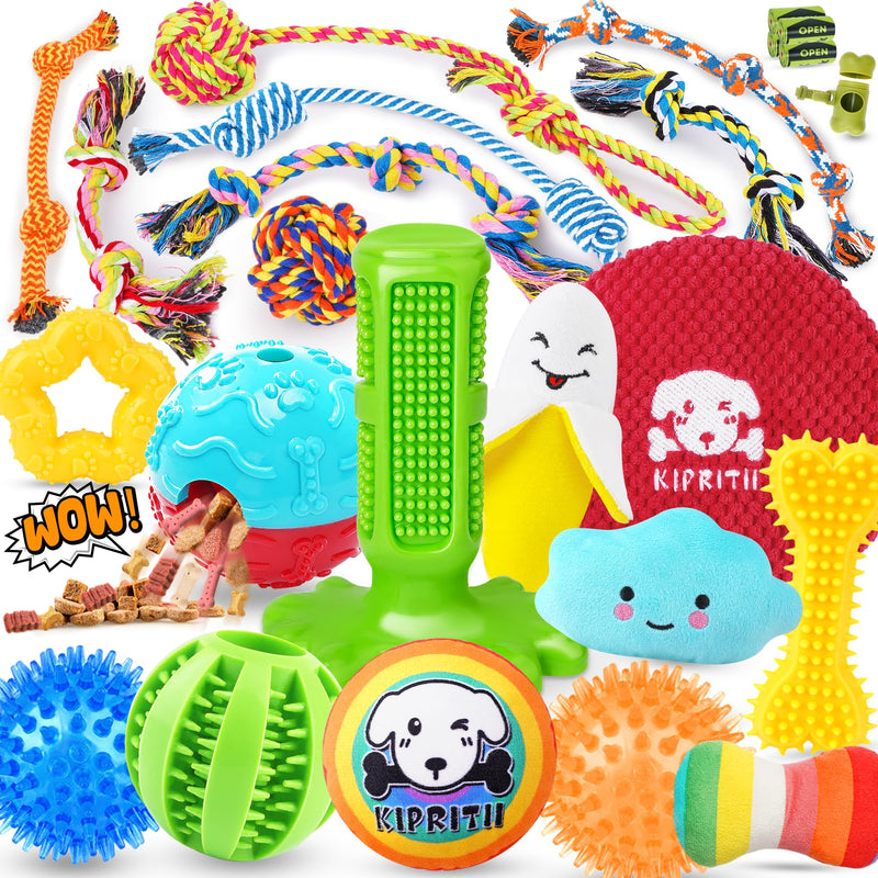 KIPRITII 25 Pack Various Dog Toys Set – Ideal for Teething, Entertainment & Interactive Play, Includes Puppy Toys, Rope Toys, Treat Balls and Squeaky Dog Toys