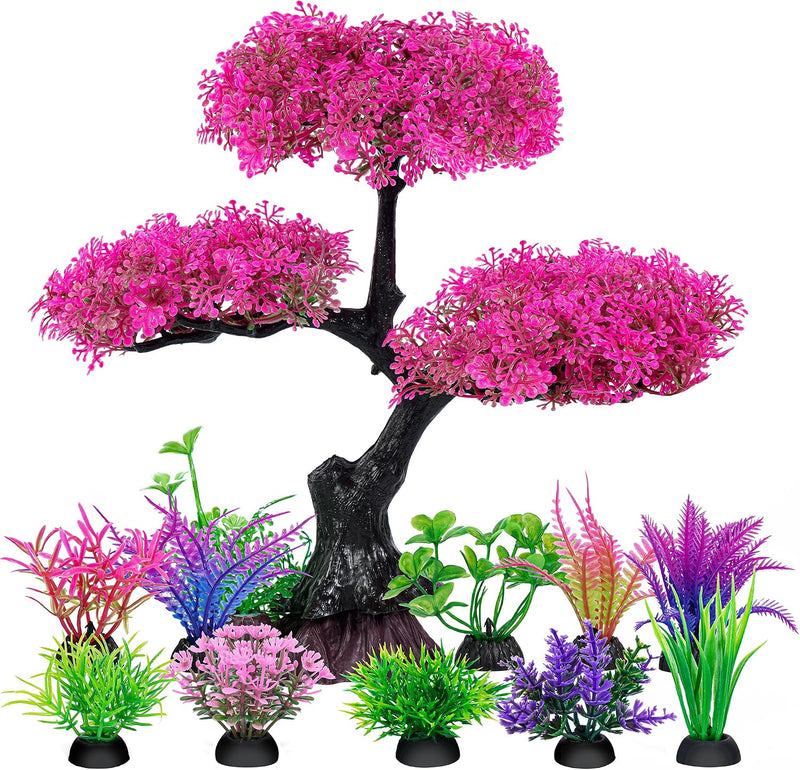 Ameliade Pink Artificial Plastic Tree Aquarium Plants Decor Set, 11PCS