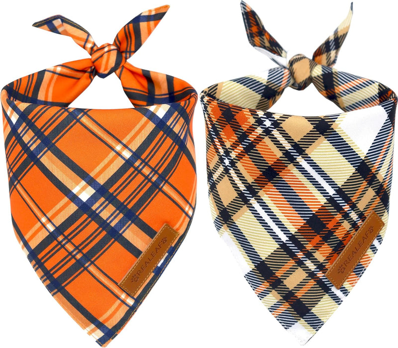 Realeaf Fall Dog Bandanas 2 Pack, Reversible Orange Plaid Holiday Pet Scarf for Boy and Girl, Premium Durable Fabric, Ha