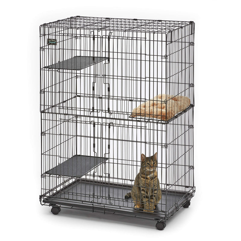 MidWest Homes for Pets Folding Metal Indoor Cat Playpen, Cage Includes Locking Wheels, 3 Platforms, Removable Tray, Plush Bed, Suited for 1-3 Cats