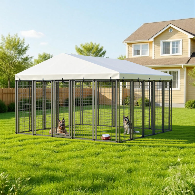IronovaPets 10x10x6 FT Outdoor Dog Kennel with Waterproof Roof, Heavy Duty Dog Enclosures with Galvanized Welded Wire Steel & Dual Safety Lock