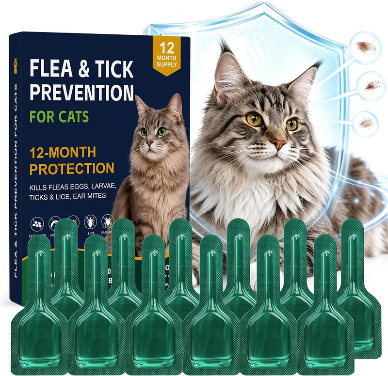 Flea and Tick Preventative for Cats, Topical Flea Drops for Cat 9lb+,12 Pc