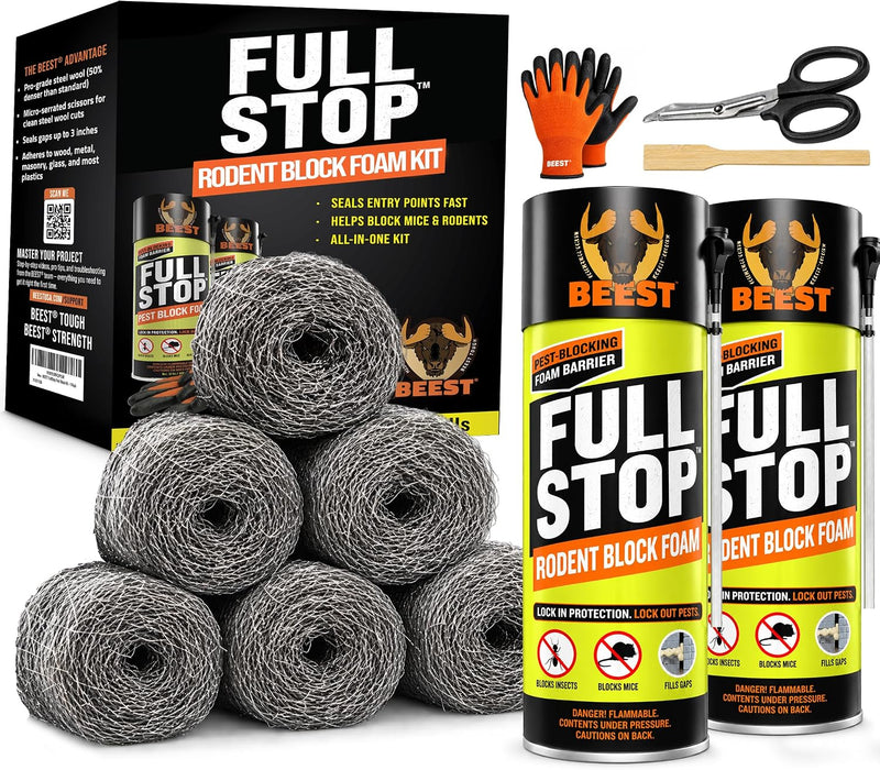 BEEST FullStop Rodent Spray Foam Barrier Kit w/Steel Wool (2 Cans+6 Rolls)